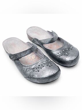 Aetrex Amanda Pewter Leather Mary Jane Mule Clogs Supportive Comfort Shoe Size 9